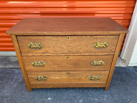 Antique American Oak 3 Drawer Dresser Chest Of Drawers / Great Bathroom Vanity Cover