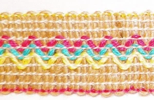 Burlap Braid Trim 3.5 Yds Pink Turquoise Yellow Zig Zag Stitches Vintage NICE - Picture 1 of 3