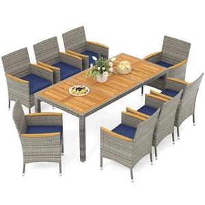 9 PCS Patio Dining Set for 8 Table and PE Rattan Chairs with 2" Umbrella Hole - Picture 1 of 10