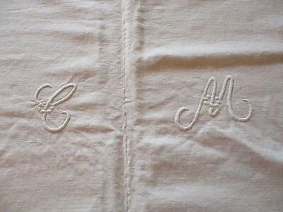 Drap N°74 ancien en lin monogramme CM  200 X 255 Cm      - Photo 1/4