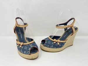 Louis Vuitton Denim Logo Monogram Espadrilles Wedge Sandals Shoes Blue 37.5 7.5 - Picture 1 of 10