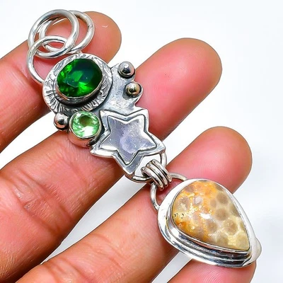 Colgante de joyería de plata de ley 925 con piedras preciosas de coral y peridoto fósil 2,56" s214 Foto 1 de 3