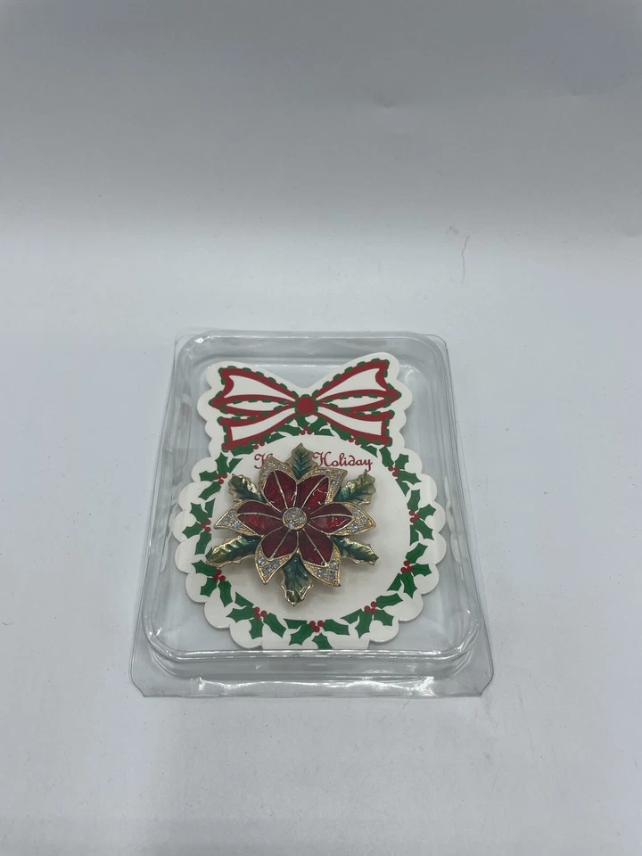 Happy Holidays Christmas Themed Pin, Broach - Red Mesh Poinsettia w/ Leaves NEW - Image 1 of 1