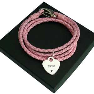 Pink Leather Bracelet with Engraving, Personalised, Any Words, Names, Sayings. - Picture 1 of 25