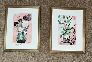 Set 2 Alexandre Minguet Lithograph Pink Floral Vases Framed E/A Signed - Picture 1 of 6