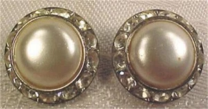 Vintage Button Earrings Simulated Pearl Silver Rhinestones Clip On 1950s - Picture 1 of 3