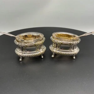 Pair Of French Silver Metal Salt Cellars with Glass Interiors and Spoons 20th C - Picture 1 of 5