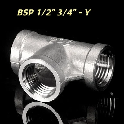Stainless Steel 3 Way Pipe Fittings Tee Connector Adaptors  BSP 1/2" 3/4" - Y - Image 1 of 4