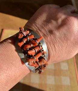 Vintage Solid Sterling Silver & Natural Red Coral Branch Cuff Bracelet. - Picture 1 of 15