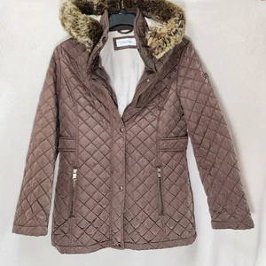 Calvin Klein Sleek Quilted XL Mokka Zip Pockets Cinched Waist Coat FauxFur Hood - Bild 1 von 11