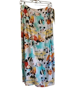 Liz Claiborne Crazy Horse Wrap Skirt Sz 12 Fish Map  Floral Beach Midi Vacation - Picture 1 of 9