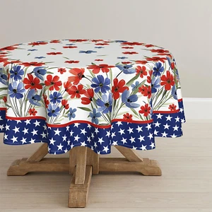 4Th of July Tablecloth 70X70 Inch Round, Patriotic Watercolor Poppy Flowers Inde - Picture 1 of 6