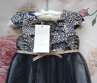 Vestido de festa de batizado de tule azul dourado SPARKLE MONSOON novo com etiquetas 6-9-12 £57 - Imagem 1 de 4