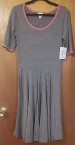 LuLaRoe Nicole Women's Gray Fit and Flare Midi Knit Dress Size Large pink Trim - Picture 1 of 7