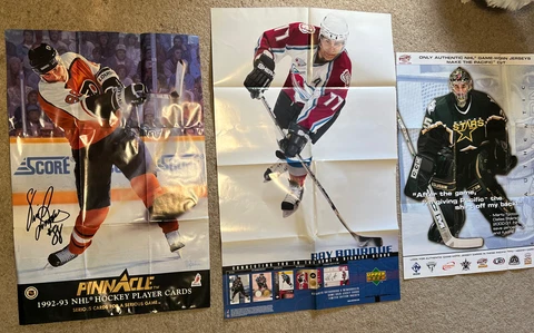 3 VINTAGE Dealer ERIC LINDROS Ray Bourque Mike Modano Poster Pinnacle UD   CKL Cover
