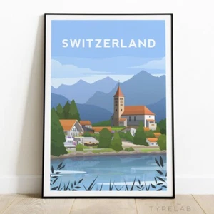 Switzerland Art Print, Swiss Alps Travel Poster, Europe Illustration Wall Art - Picture 1 of 6