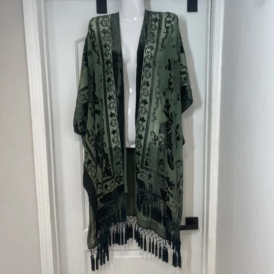 Free People Nightbird Burn Out Kimono One Size Tassels Sheer Green Boho Festival - Image 1 of 4