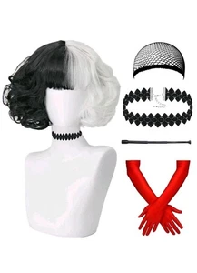 Parrucca costume Crudelia Deville bianco e nero con guanti, collana girocollo, supporto a C - Foto 1 di 4