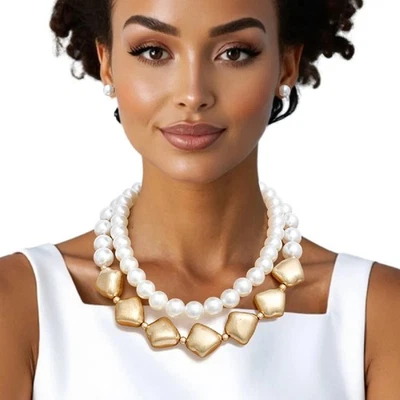 White Faux Pearl Necklace Set Two Layer Matte Gold Nugget Bib Statement Collar - Image 1 of 4
