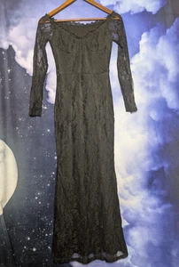 Black Lace Off Shoulder Bodycon Dress Stevie Nicks Morticia Addams Witchy Gothic - Picture 1 of 7