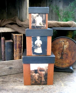 Stack of 3 Papier Mache Boxes Pumpkin & Black Milk Paint Halloween Kids Photos - Picture 1 of 6
