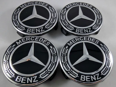 4PC Set For Mercedes-Benz Laurel Wreath Black Wheel Center Hub Caps 75mm - Image 1 of 4
