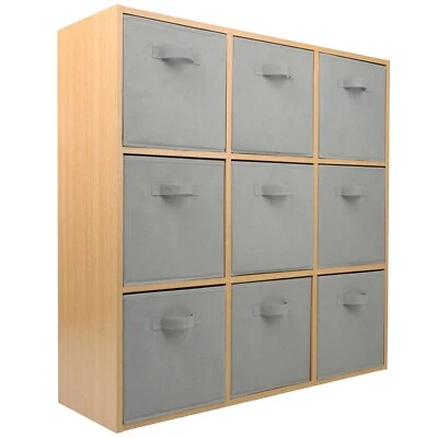 Oak 3 Tier 9 Cube Storage Bookcase Shelf Display Unit White Fabric Shelving Box - Image 1 of 4