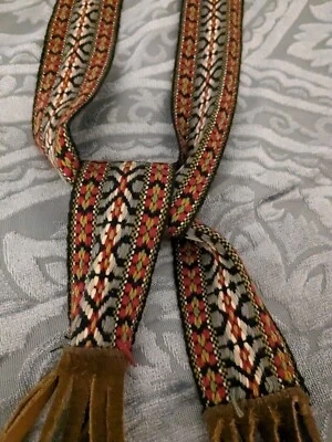 Vintage 1970's Macrame Boho Hippie Festival Tie Belt W/Brown Suede Fringe 60"  - Image 1 of 4