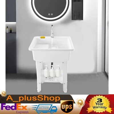 Freestanding Utility Sink Laundry Tub Wash Bowl Basin Hot &Cold Faucet Washboard - Image 1 of 4
