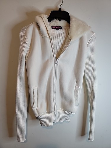 OFF WHITE Giacca maglione Y2K SAY WHAT Junior avorio full zip con cappuccio foderata in pelliccia sintetica maglia a costine