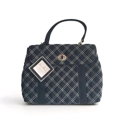 Vera Bradley Spectator Handbag Top Handle Turn Lock Black White Cross Stitch NEW - Image 1 of 4