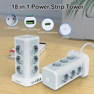 TANBURO 12 Fach Steckdosenleiste Tower 6 USB EU Mehrfachsteckdose Überspannungsschutz