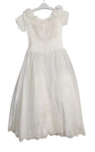 Abito bambina 8 raso avorio vintage con decorazioni perle e pizzo maniche ad aletta - Foto 1 di 8