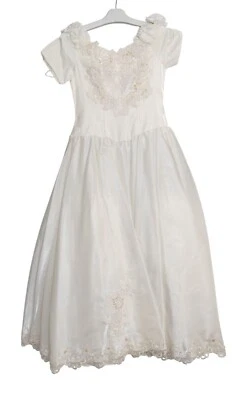 Vintage Ivory Satin Girls 8 Dress W/ Pearl & Lace Embellishments Cap Sleeves - Image 1 of 4