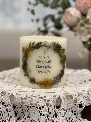 Pressed Flower Ivory Pillar “Love” Candle 4” - Image 1 of 4