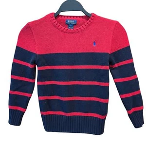 Polo Ralph Lauren Boys Crewneck Striped Sweater Cotton 7 Red Navy Blue Preppy - Picture 1 of 8
