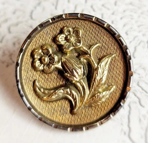 Antique Flower Picture Button ~ Stamped Brass over Textured Background ~ 1-1/8" - Picture 1 of 4