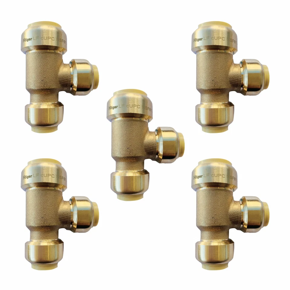 EFIELD-HOGER EFIELD 5 PCS 3/4"x1/2"x 1/2” Push Fit Tee Brass Fitting. Lead Free