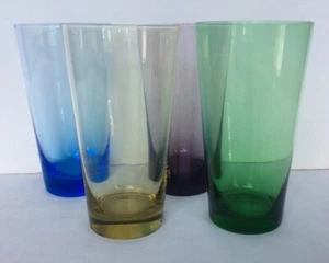 Vintage Colored Clear Glass Tumblers Set Of 4 Green Blue Purple Gold 12 Ounce - Picture 1 of 6