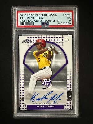 2018 Leaf Perfect Game #KM1 Kadon Morton - Nat SC Auto Purple 1/1 - PSA 5 - Image 1 of 3
