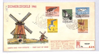 NETHERLANDS FDC 1961 ZOMERZEGELS Birds Weesp Registered USA TX Houston YX351 - Image 1 of 4