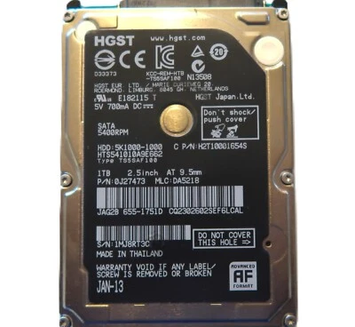 Hitachi HTS541010A9E662 0J27473 DA5218 Thailand 1000gb 2.5" Sata HDD JAN-13 - Image 1 of 2