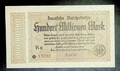 1923 Germany REICHSBAHN BERLIN 100.000.000 / 100 Million Mark Banknote UNC - Image 1 of 2