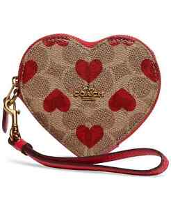 New Coach Coated Canvas Signature Heart Print Coin Case, Wristlet -Tan Red Apple