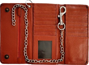 Genuine TAN Cowhide Leather Trifold + Chain Motorcycle Biker Trucker Wallet RFID - Picture 1 of 2