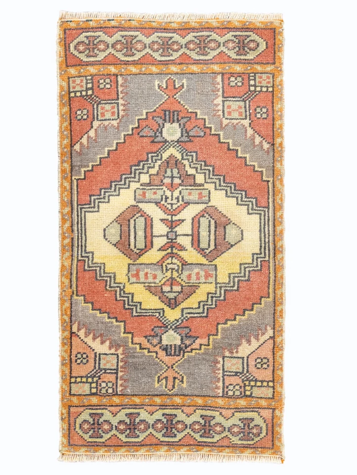 Turkish Oushak Rug 1.7x3.1 ft – Burnt Apricot & Taupe – Rustic Cottage Entry Mat - Image 1 of 4
