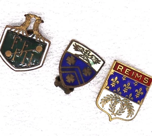 3 Vintage Enameled Button Clip & Pin France FF PH L Jeannet Paris, Shield, REIMS - Picture 1 of 12