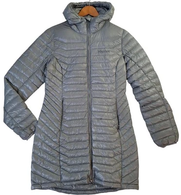 Chaqueta Marmot Mujer Pequeña Gris Con Capucha 700 Relleno Puffer Abrigo de Invierno Foto 1 de 4