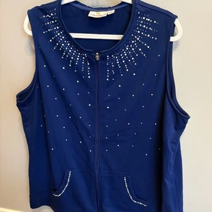 Quacker Factory Womens 2X Studded Velour Zip-Up Vest Pockets Relaxed Fit Blue - Picture 1 of 12