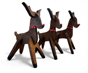 "Juego de 3 decoraciones navideñas vintage de madera de renos nariz roja marrón madera 15""" - Imagen 1 de 10